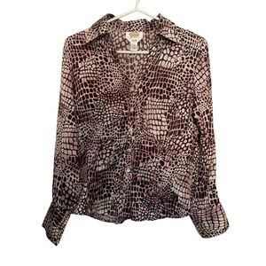 Brown patterned silk open v neck blouse neutral